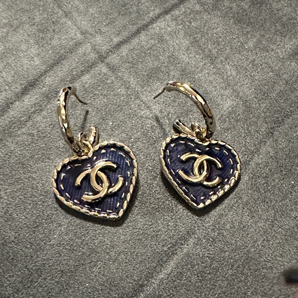 CHANEL Gold and Navy Heart Earrings